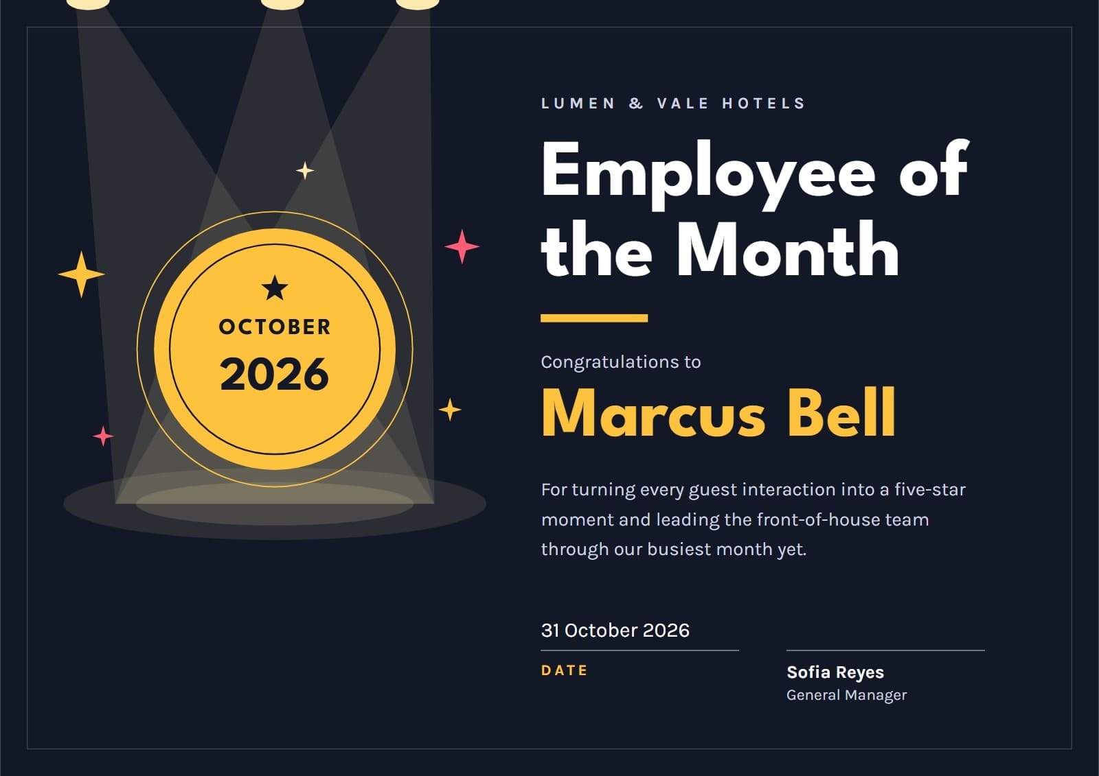 Spotlight certificate: Employee of the Month awarded to Marcus Bell by Lumen & Vale Hotels