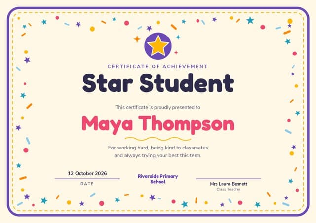 The Confetti student award certificate