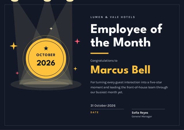 An Employee of the Month certificate from Lumen & Vale Hotels