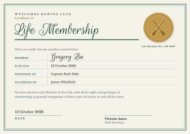 A rowing club’s Certificate of Life Membership