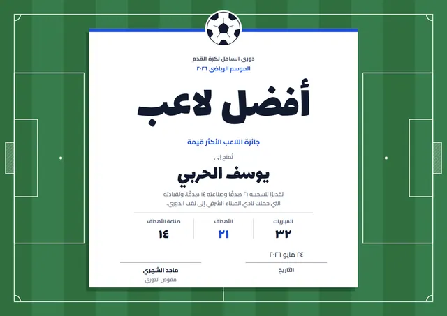 قالب شهادة أفضل لاعب كرة قدم بتصميم زمردي وأمواج، مقاس A4 أفقي