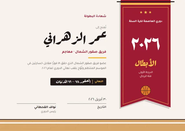 قالب شهادة أبطال كرة السلة بتصميم قرمزي ونجوم، مقاس A4 أفقي