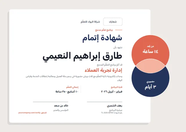 قالب شهادة إتمام برنامج تعلّم مدمج بتصميم عصري كحلي، مقاس A4 أفقي