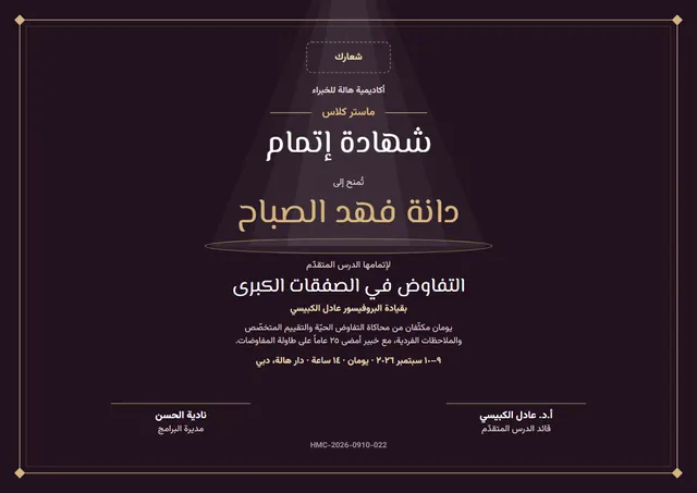 قالب شهادة إتمام ماستر كلاس بتصميم برقوقي وزخارف في الزوايا، مقاس A4 أفقي