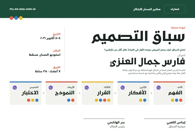 قالب شهادة مشاركة في سباق التصميم بتصميم أخضر داكن وشارة، مقاس A4 أفقي