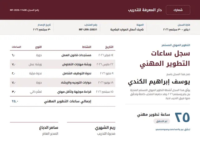 قالب سجل ساعات التطوير المهني بتصميم عنابي ورسوم بيانية، مقاس A4 أفقي