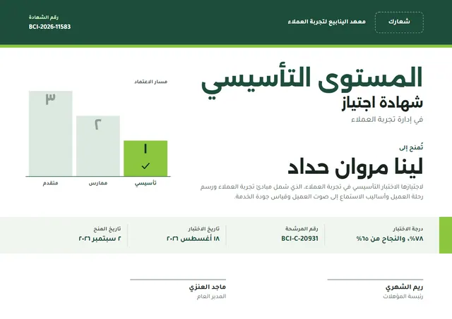 قالب شهادة المستوى التأسيسي بتصميم أخضر داكن وشريط جانبي، مقاس A4 أفقي