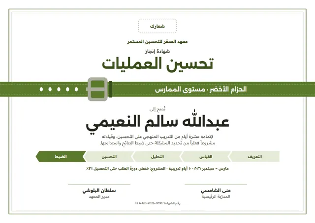 قالب شهادة الحزام الأخضر في تحسين العمليات بتصميم زيتوني ونقوش هندسية، مقاس A4 أفقي