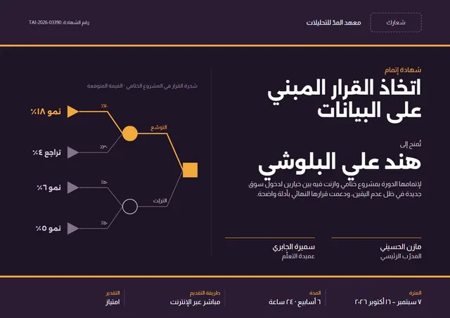 قالب شهادة دورة اتخاذ القرار المبني على البيانات بتصميم أسود وأوراق شجر، مقاس A4 أفقي
