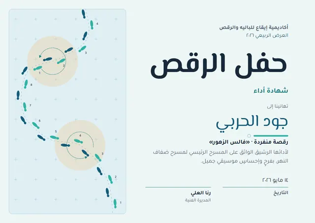 قالب شهادة عرض الرقص بتصميم أزرق بحري وشريط جانبي، مقاس A4 أفقي