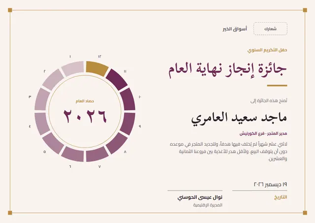 قالب شهادة جائزة إنجاز نهاية العام بتصميم برقوقي وزخارف في الزوايا، مقاس A4 أفقي