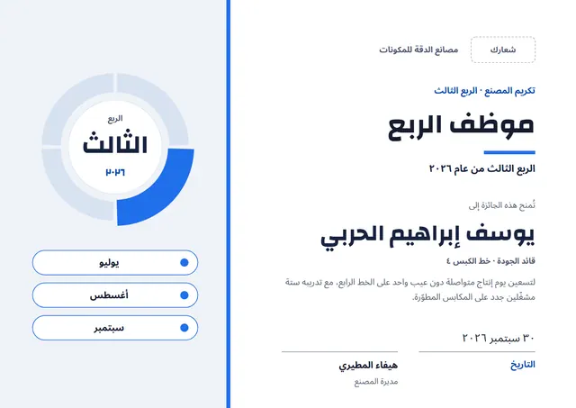 قالب شهادة موظف الربع بتصميم أزرق ملكي وتروس، مقاس A4 أفقي