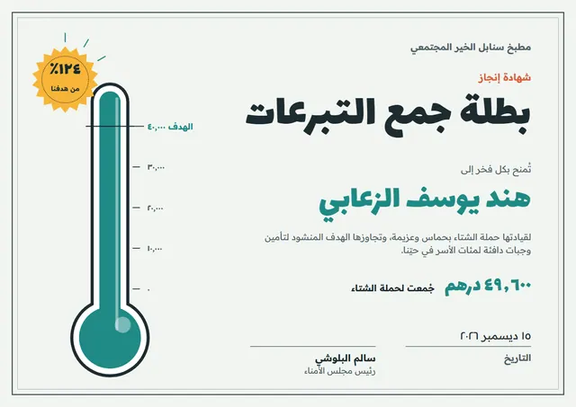 قالب شهادة بطل جمع التبرعات بتصميم فيروزي ونجوم، مقاس A4 أفقي