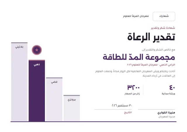 قالب شهادة تقدير الرعاة بتصميم برقوقي ووردة تكريم، مقاس A4 أفقي