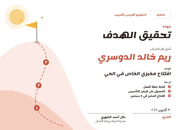 قالب شهادة تحقيق الهدف بتصميم قرميدي وشمس مشرقة، مقاس A4 أفقي