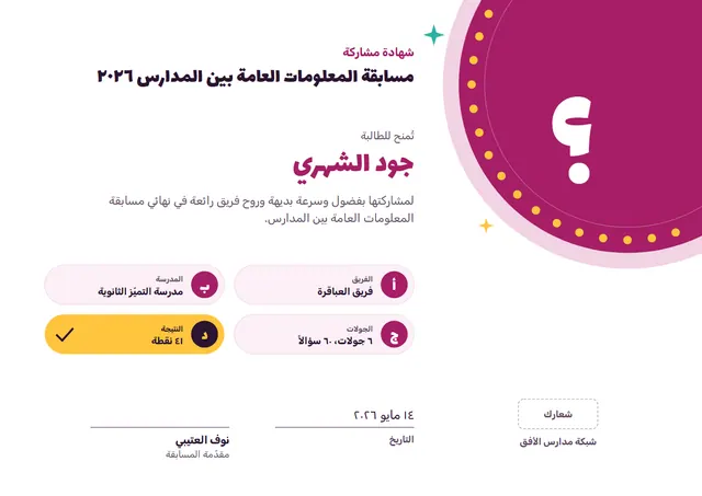 قالب شهادة المشاركة في المسابقة الثقافية بتصميم فوشي ونجوم، مقاس A4 أفقي