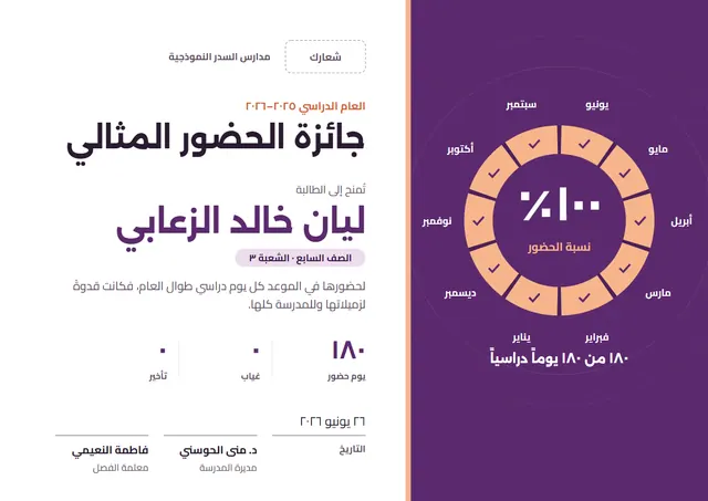 قالب شهادة جائزة الحضور المثالي بتصميم برقوقي وتروس، مقاس A4 أفقي