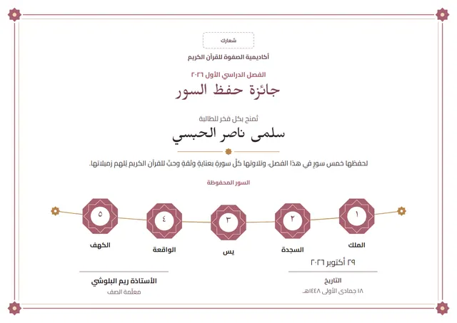 قالب شهادة جائزة حفظ السور بتصميم توتي وميدالية، مقاس A4 أفقي