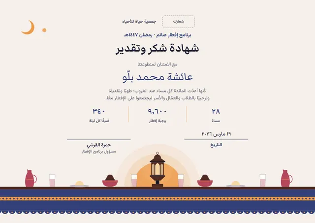 قالب شهادة متطوّع برنامج إفطار صائم بتصميم كحلي وهلال، مقاس A4 أفقي