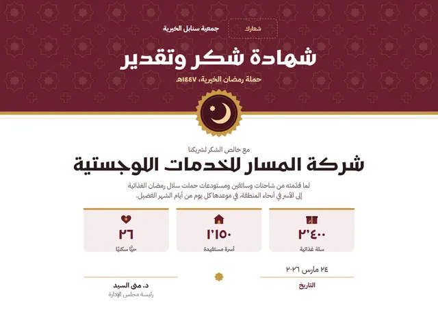 قالب شهادة شكر للمشاركة في الحملة الخيرية الرمضانية بتصميم عنابي وميدالية، مقاس A4 أفقي
