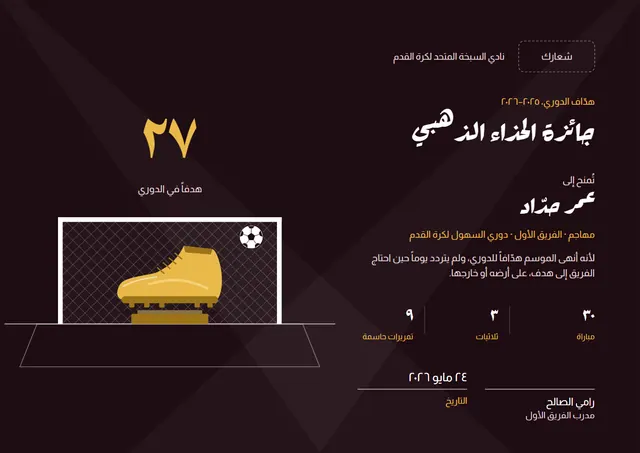 قالب شهادة جائزة الحذاء الذهبي بتصميم عنابي وأمواج، مقاس A4 أفقي