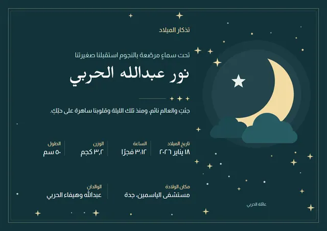 قالب تذكار الولادة بتصميم كلاسيكي ليلي داكن وهلال، مقاس A4 أفقي