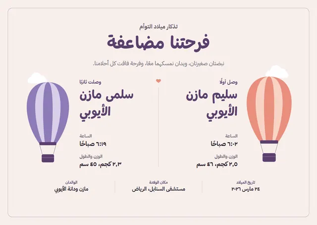 قالب تذكار ولادة التوأم بتصميم برقوقي وقلوب، مقاس A4 أفقي