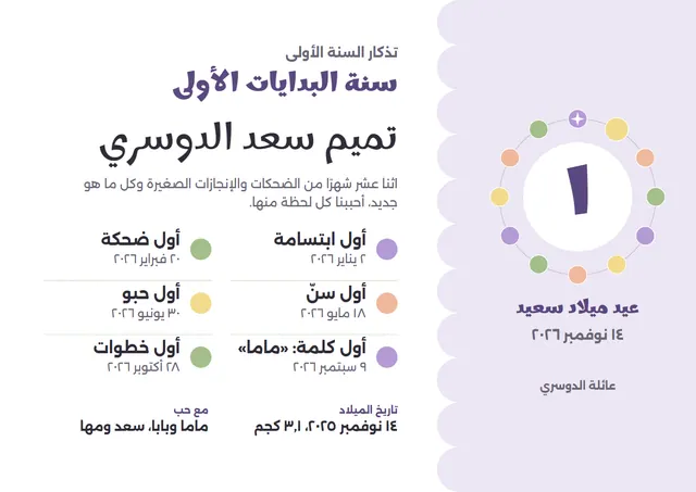 قالب تذكار السنة الأولى للطفل بتصميم رمادي ونجوم، مقاس A4 أفقي