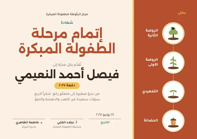 قالب شهادة إتمام مرحلة الطفولة المبكرة بتصميم قرميدي وقبعة تخرّج، مقاس A4 أفقي