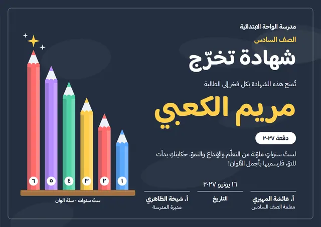 قالب شهادة التخرّج من الصف السادس بتصميم كحلي وشمس مشرقة، مقاس A4 أفقي