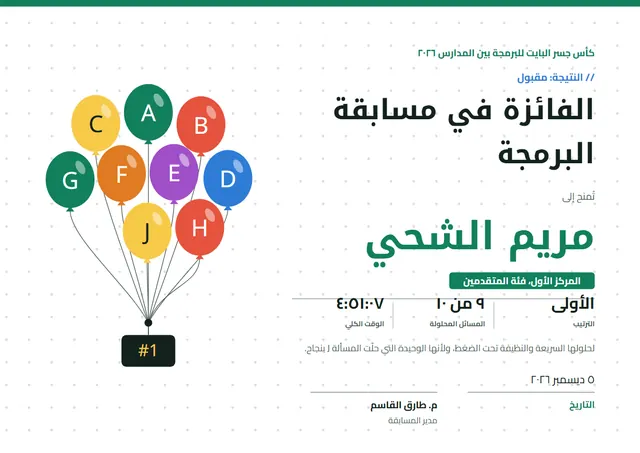 قالب شهادة الفوز في مسابقة البرمجة بتصميم زمردي وبالونات وقصاصات ملونة، مقاس A4 أفقي