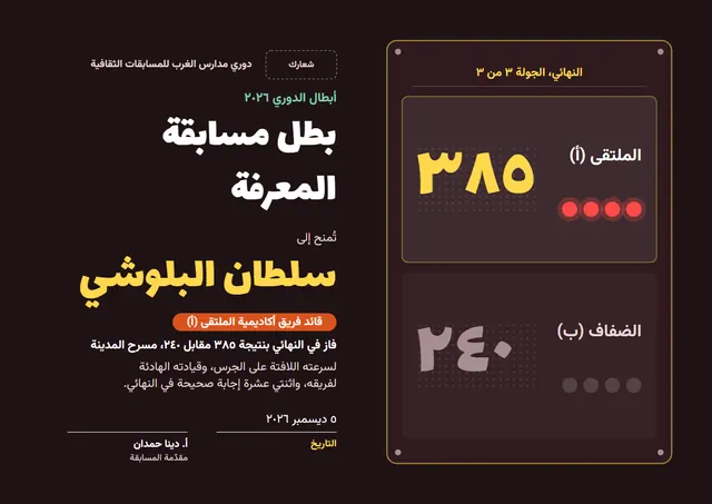 قالب شهادة بطل مسابقة المعرفة بتصميم عصري أسود، مقاس A4 أفقي
