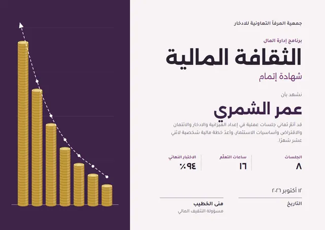 قالب شهادة دورة الثقافة المالية بتصميم برقوقي ورسوم بيانية، مقاس A4 أفقي