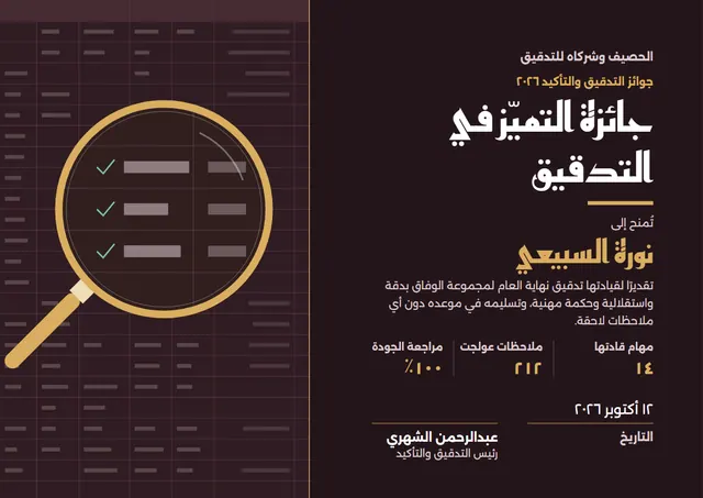 قالب شهادة التميّز في التدقيق بتصميم أسود ورسوم بيانية، مقاس A4 أفقي
