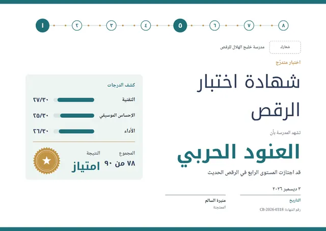 قالب شهادة امتحان الرقص بتصميم كحلي وختم، مقاس A4 أفقي