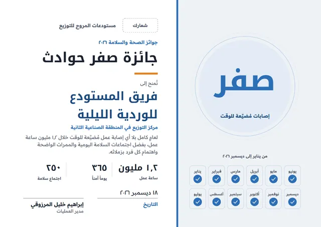 قالب جائزة صفر حوادث بتصميم أزرق فولاذي وشريط جانبي، مقاس A4 أفقي