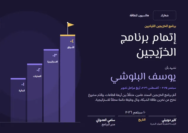 قالب شهادة إتمام برنامج الخرّيجين بتصميم كلاسيكي ليلي داكن ورايات، مقاس A4 أفقي