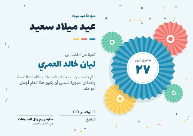 قالب شهادة عيد ميلاد سعيد بتصميم مرح ليلي داكن وبالونات وقصاصات ملونة، مقاس A4 أفقي