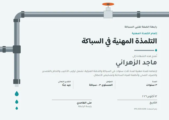 قالب شهادة التدريب المهني للسباكة بتصميم فضي وأمواج، مقاس A4 أفقي