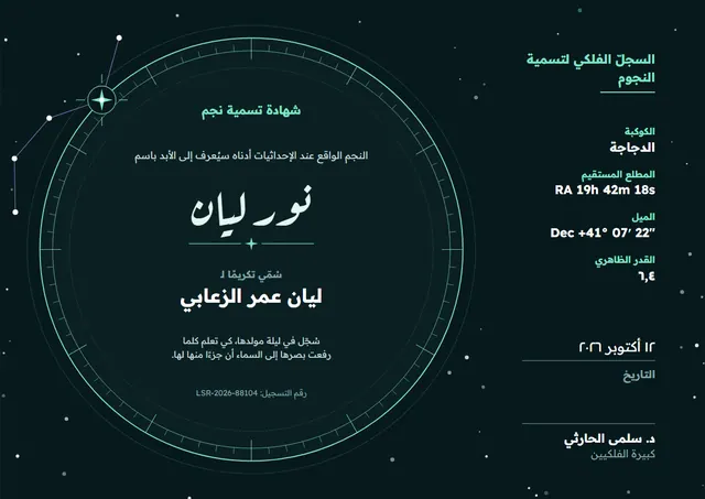 قالب شهادة تسمية نجم بتصميم أسود ونجوم، مقاس A4 أفقي