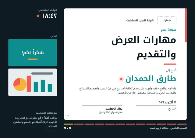 قالب شهادة مهارات العرض والتقديم بتصميم أسود وشريط جانبي، مقاس A4 أفقي