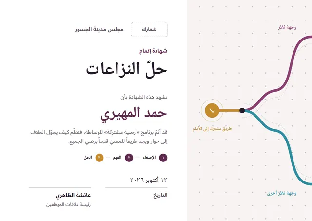 قالب شهادة حلّ النزاعات بتصميم برقوقي وخريطة وبوصلة، مقاس A4 أفقي