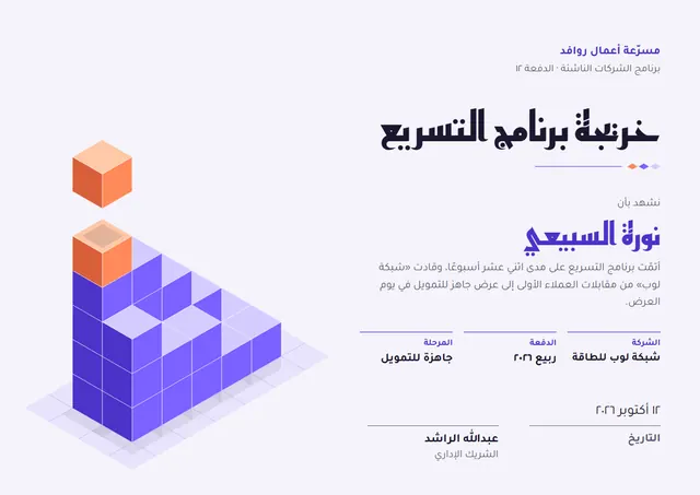 قالب شهادة برنامج الشركات الناشئة بتصميم بنفسجي ونقوش هندسية، مقاس A4 أفقي