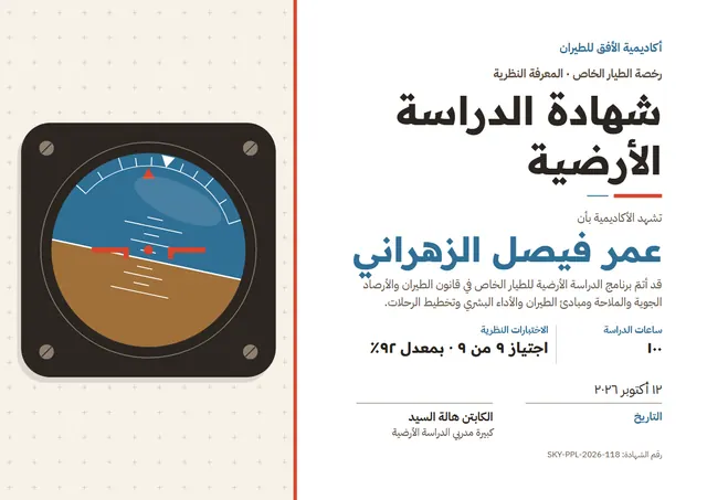 قالب شهادة الدراسة الأرضية للطيار الخاص بتصميم أزرق بحري وغيوم، مقاس A4 أفقي