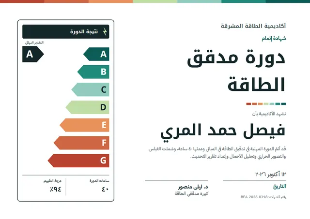 قالب شهادة دورة مدقّق الطاقة بتصميم عصري برتقالي، مقاس A4 أفقي