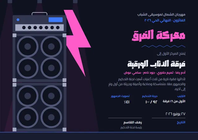 قالب شهادة مسابقة الفرق الموسيقية بتصميم وردي وجبال، مقاس A4 أفقي