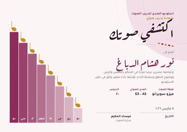 قالب شهادة التدريب الصوتي بتصميم عصري فوشي، مقاس A4 أفقي