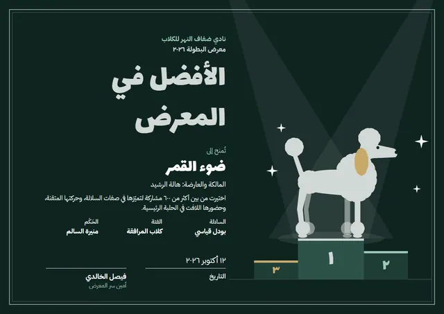 قالب شهادة الأفضل في العرض بتصميم أخضر داكن ونجوم، مقاس A4 أفقي