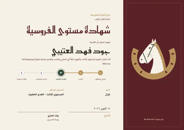 قالب شهادة مستوى ركوب الخيل بتصميم عنابي ونقوش هندسية، مقاس A4 أفقي