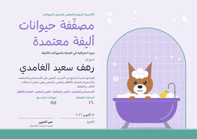 قالب شهادة دورة العناية بالحيوانات الأليفة بتصميم ليلكي وبالونات وقصاصات ملونة، مقاس A4 أفقي
